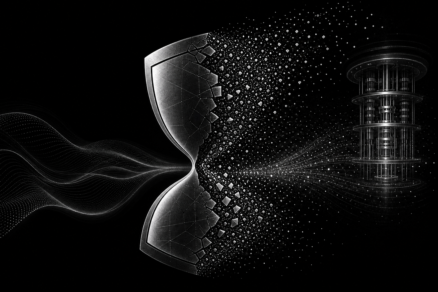 Abstract illustration of encryption dissolving under quantum threat