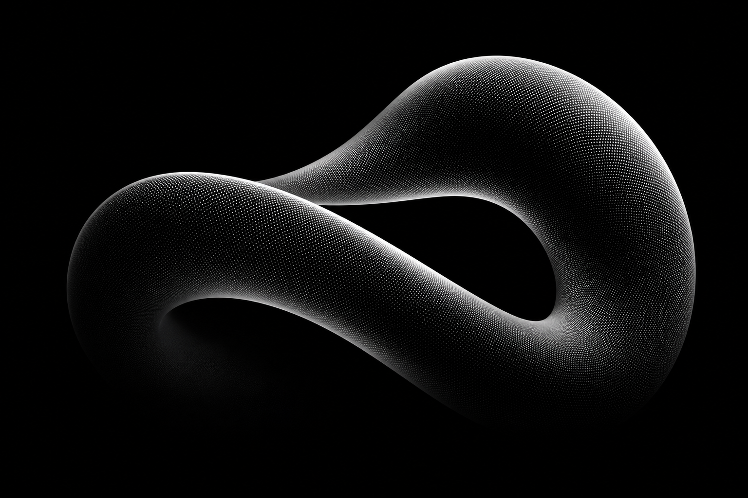 Smooth abstract 3D ribbon form in stippled white dots on black